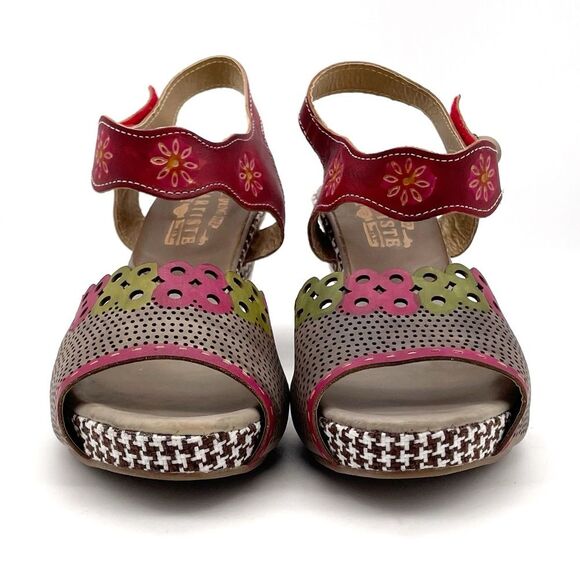 L’Artiste by Spring Step Jive Sandals Size 41 EU 9.5 US Red Floral Leather Heels - Picture 8 of 16